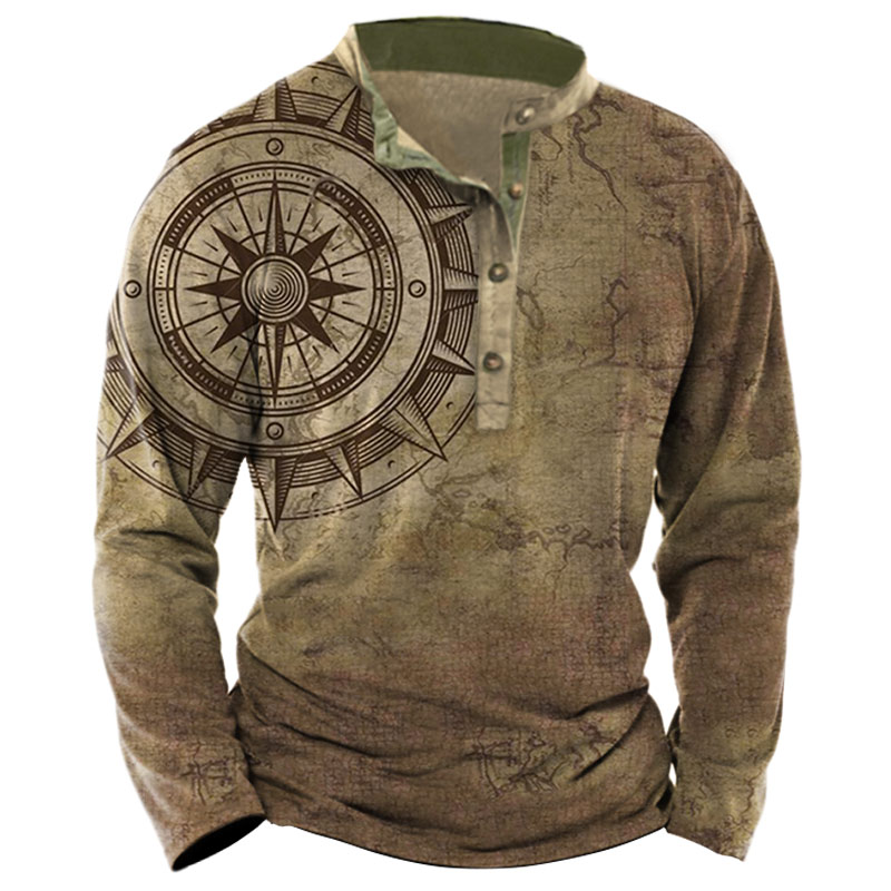 Men's Outdoor Vintage Compass Print Chic Henley T-shirt