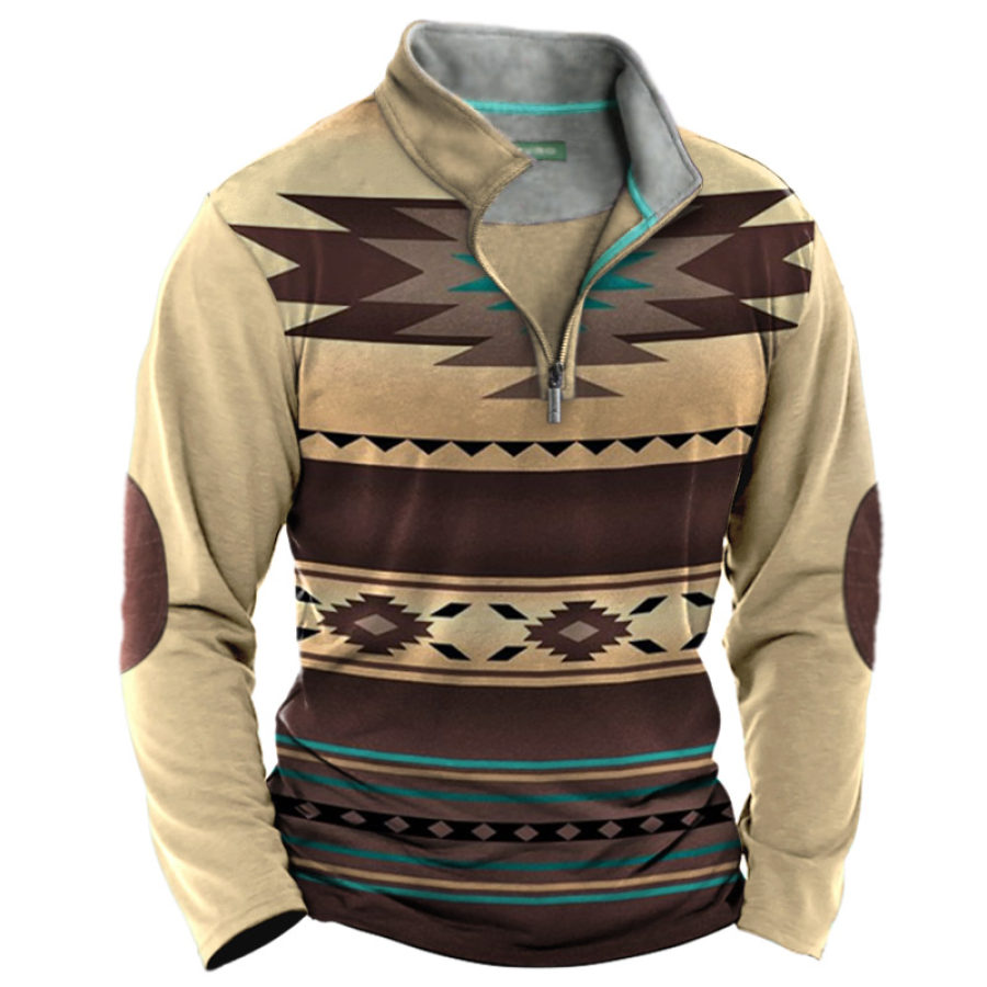 

Men's Vintage Ethnic Quarter Zipper Stand Collar T-Shirt