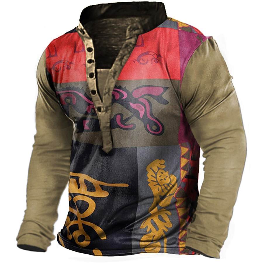 

Men's Vintage Tribal Print Henley Long Sleeve T-Shirt