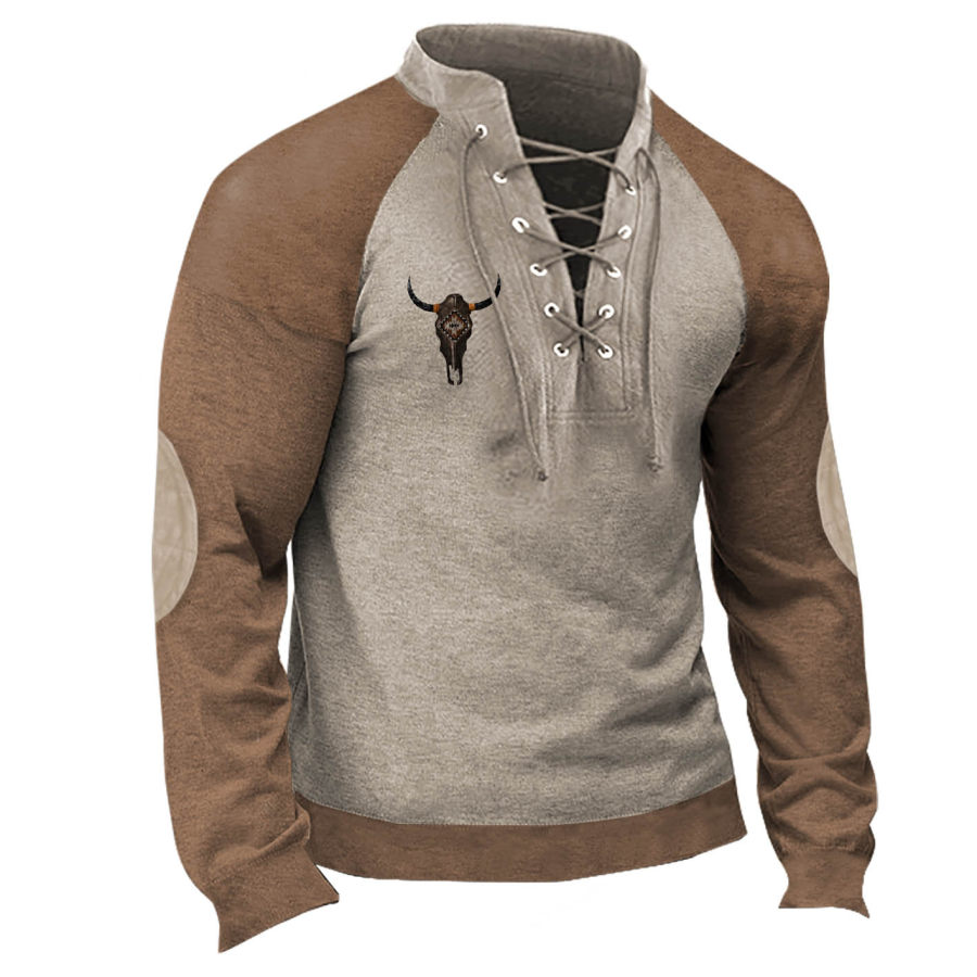 

Men's Vintage Western Bull Skull Colorblock Lace-Up Sweatshirt