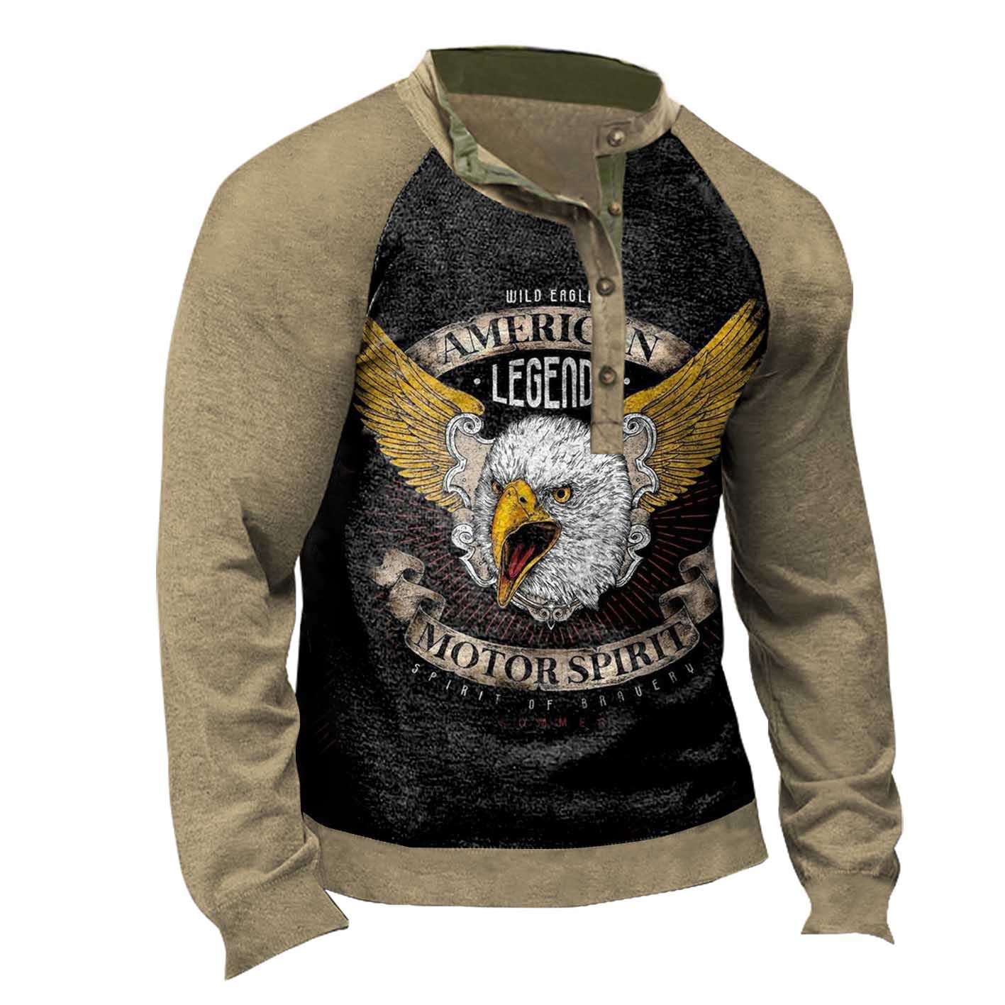 Men's Vintage Eagle Motor Chic Spirit Colorblock Henley Sweatshirt