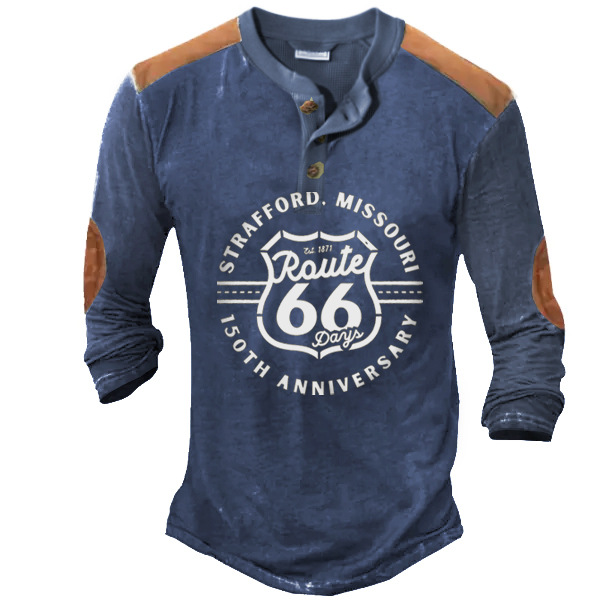 Men's Vintage Route 66 Print Chic Henley Cotton T-shirt