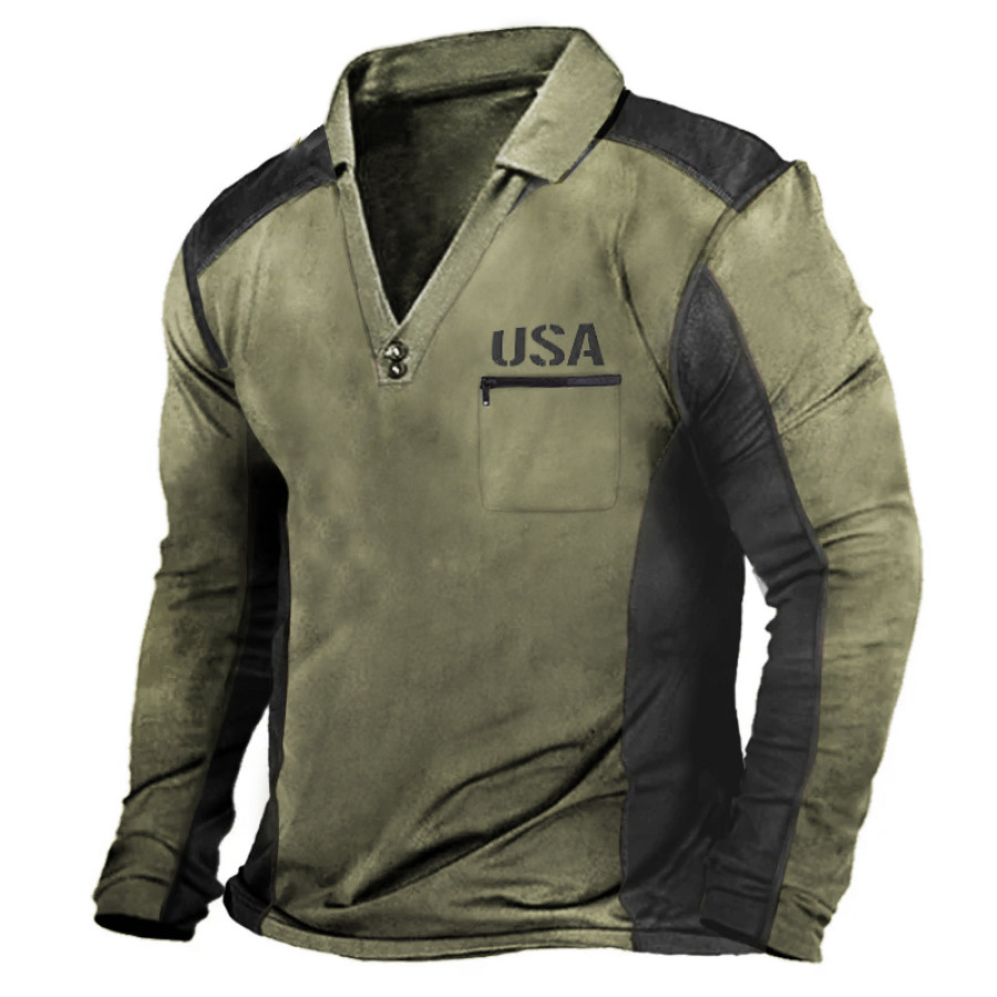 

Men's Outdoor USA Print Zipper Pocket Tactical T-Shirt