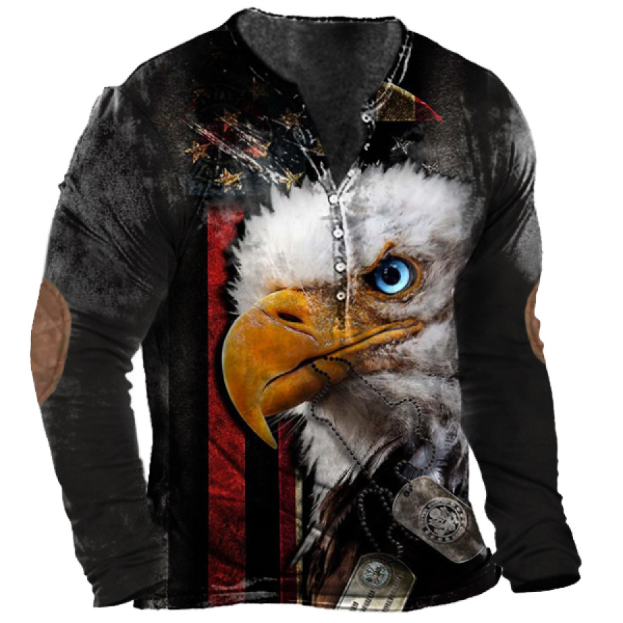 

Men's Vintage American Flag Eagle Print Henley Collar Long Sleeve T-Shirt
