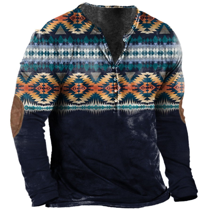 

Men's Vintage Ethnic Print Colorblock Henley Collar Long Sleeve T-Shirt
