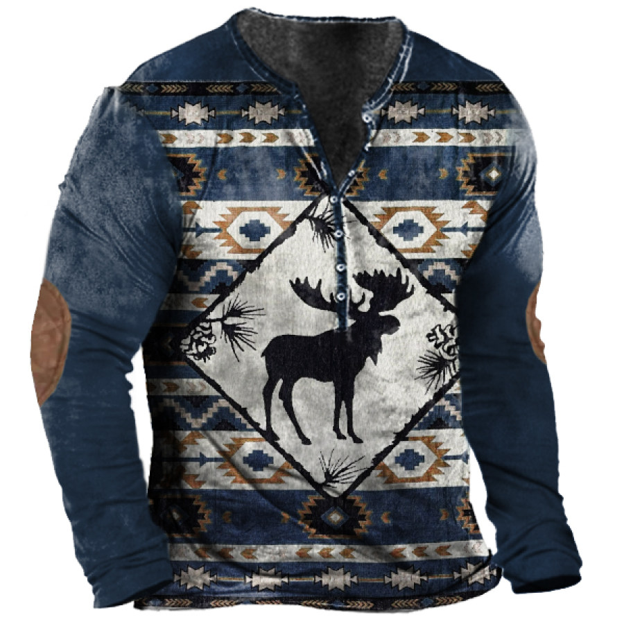 

Men's Vintage Western Print Colorblock Henley Collar Long Sleeve T-Shirt