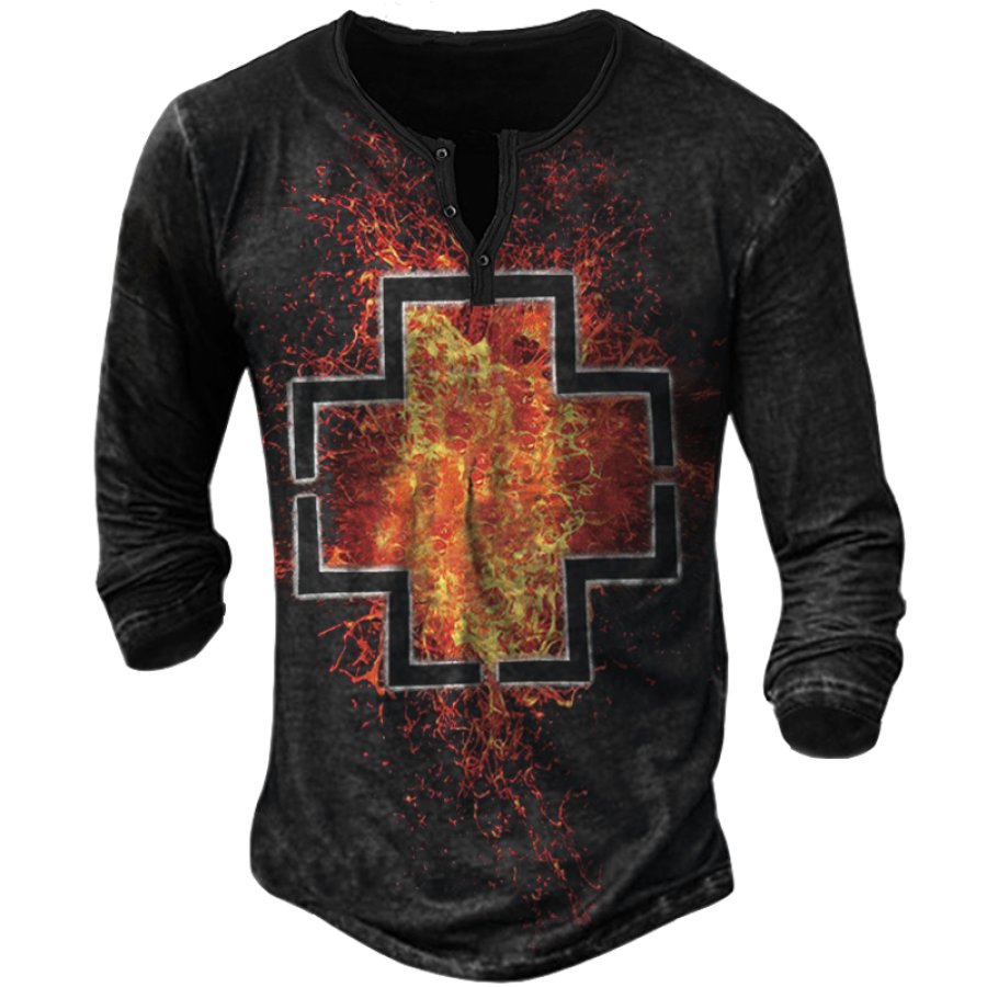 

Men's Vintage Flame Print Henley Collar T-Shirt