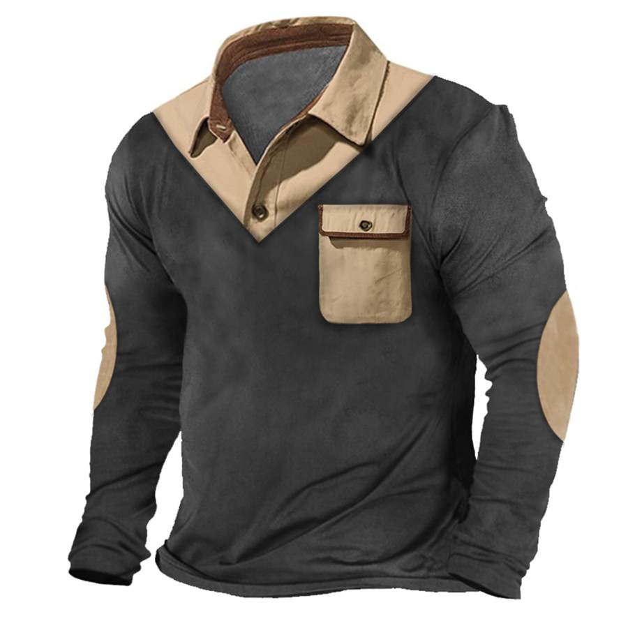 

Men's Vintage Pocket Colorblock Panel Polo Long Sleeve T-Shirt