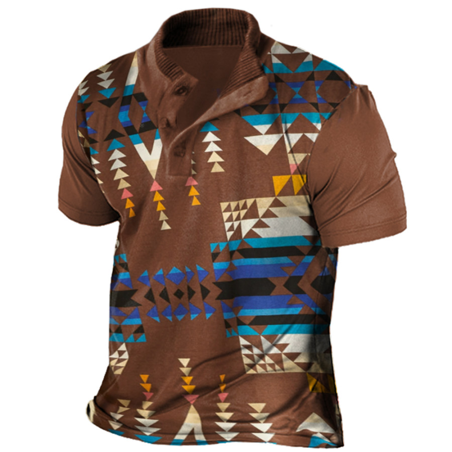

Men's Vintage Ethnic Print Stand Collar T-Shirt