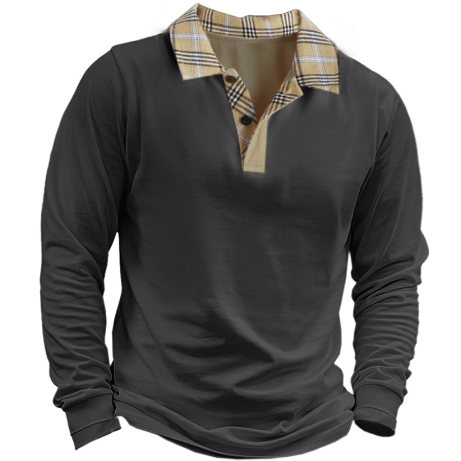 

Men's Vintage Plaid Polo Neck Long Sleeve T-Shirt