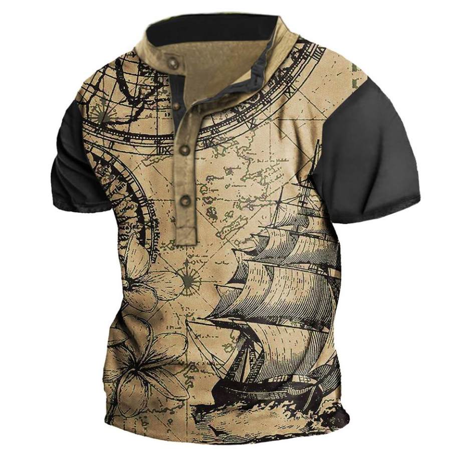 

Men's Vintage Old Map With Sailboat Henley T-Shirt