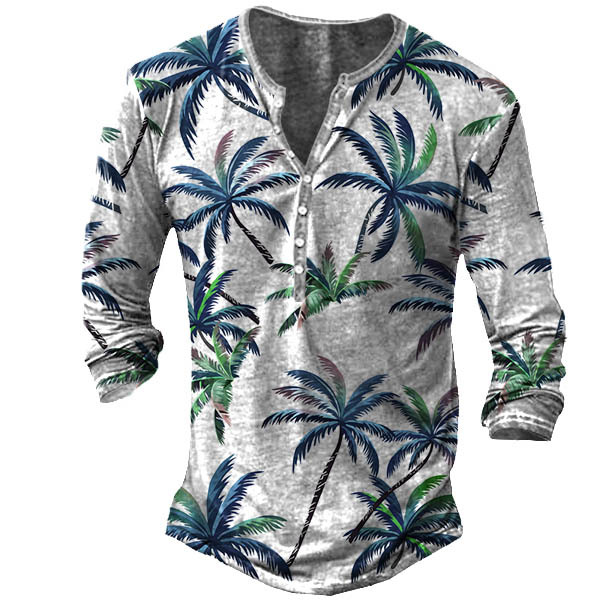 Men's Hawaii Coconut Tree Print Chic Henley T-shirt