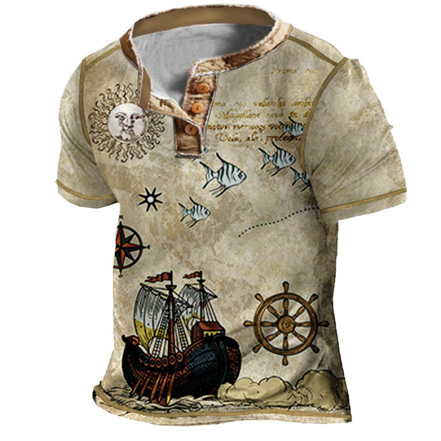 

Men's Vintage Nautical Henley Collar T-Shirt