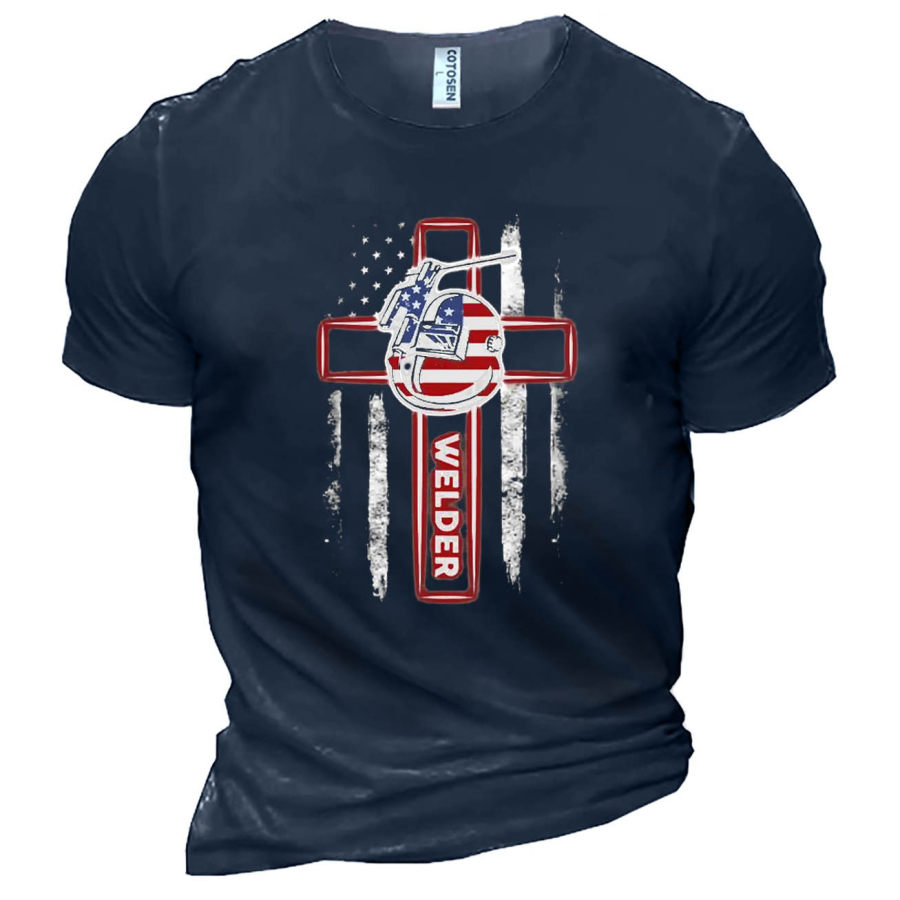 

Men's Patriotic Welder Cross American Flag Cotton T-Shirt