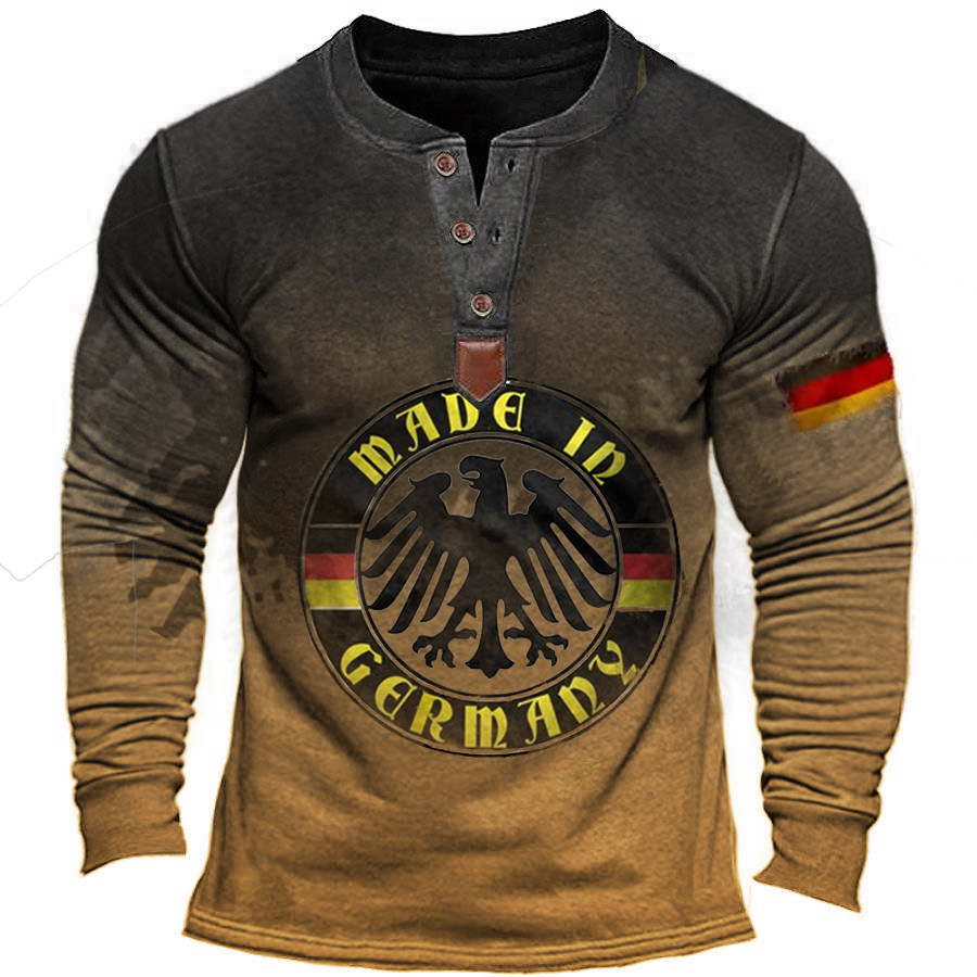 

Men's Vintage German Eagle Print Henley Cotton T-Shirt