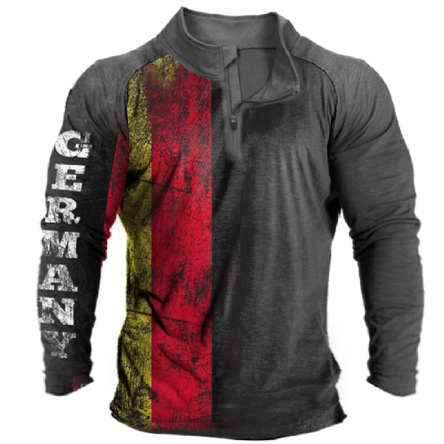 

Men's Vintage German Flag Print Zipper Stand Collar T-Shirt