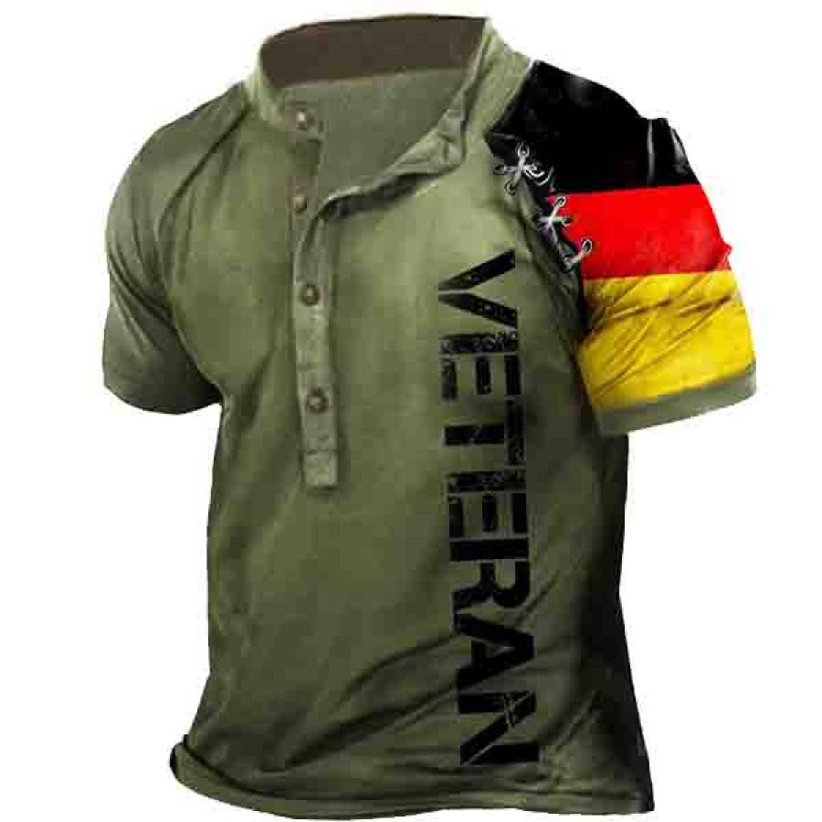

Men's Vintage German Veterans Print Henley Short Sleeve T-Shirt