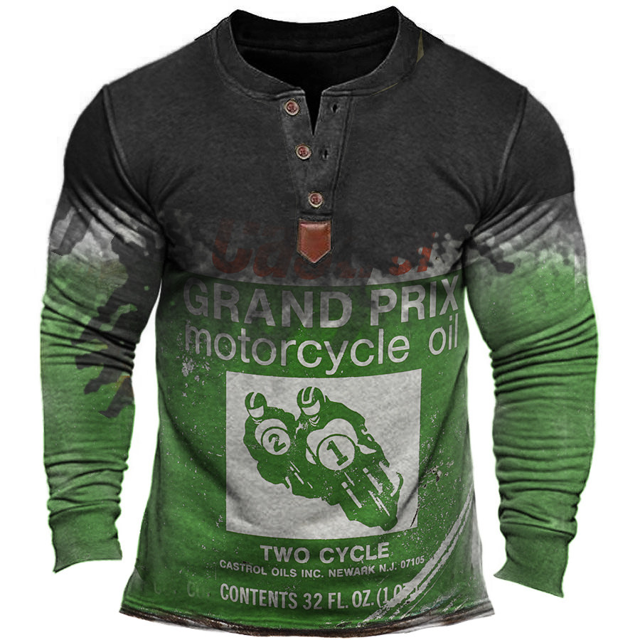 

Men Vintage Grand Prix Motorcycle Oil Print Cotton T-Shirt