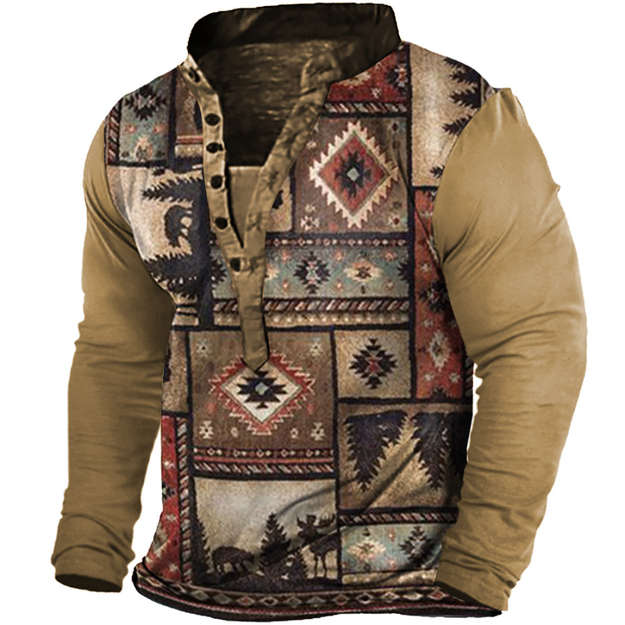 

Men's Vintage Ethnic Print Henley Collar Long Sleeve T-Shirt