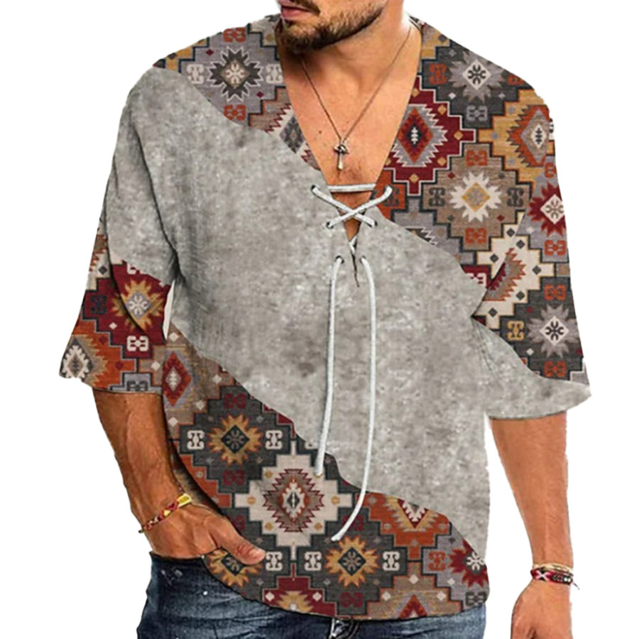 

Men's Vintage V Neck Tie Ethnic Print Shirt