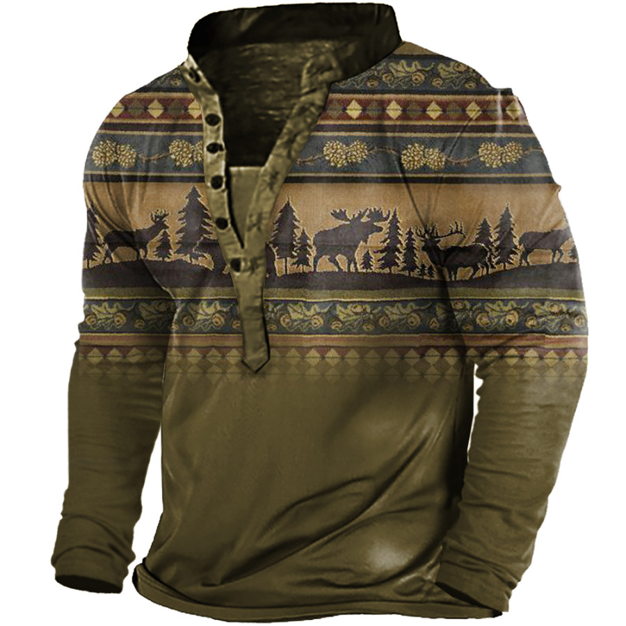 

Men's Vintage Western Print Henley Collar Long Sleeve T-Shirt