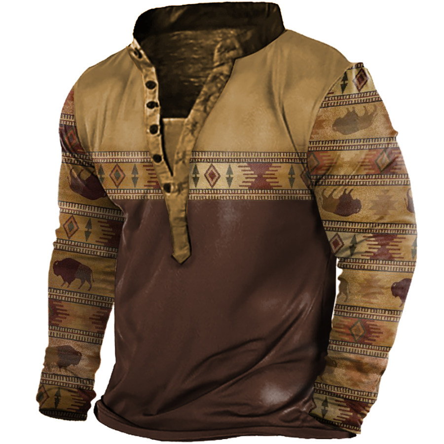 

Men's Vintage Western Print Henley Collar Long Sleeve T-Shirt