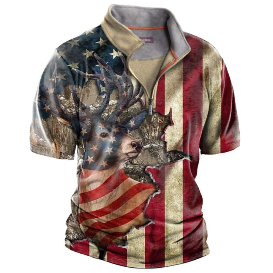 

Men's Vintage American Flag Deer Print Quarter Zip T-Shirt