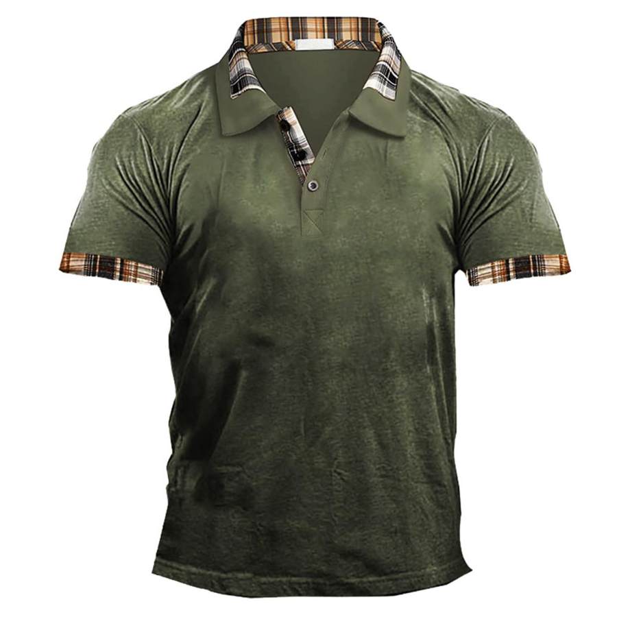 

Men's Outdoor Stitching Plaid Polo Collar T-Shirt