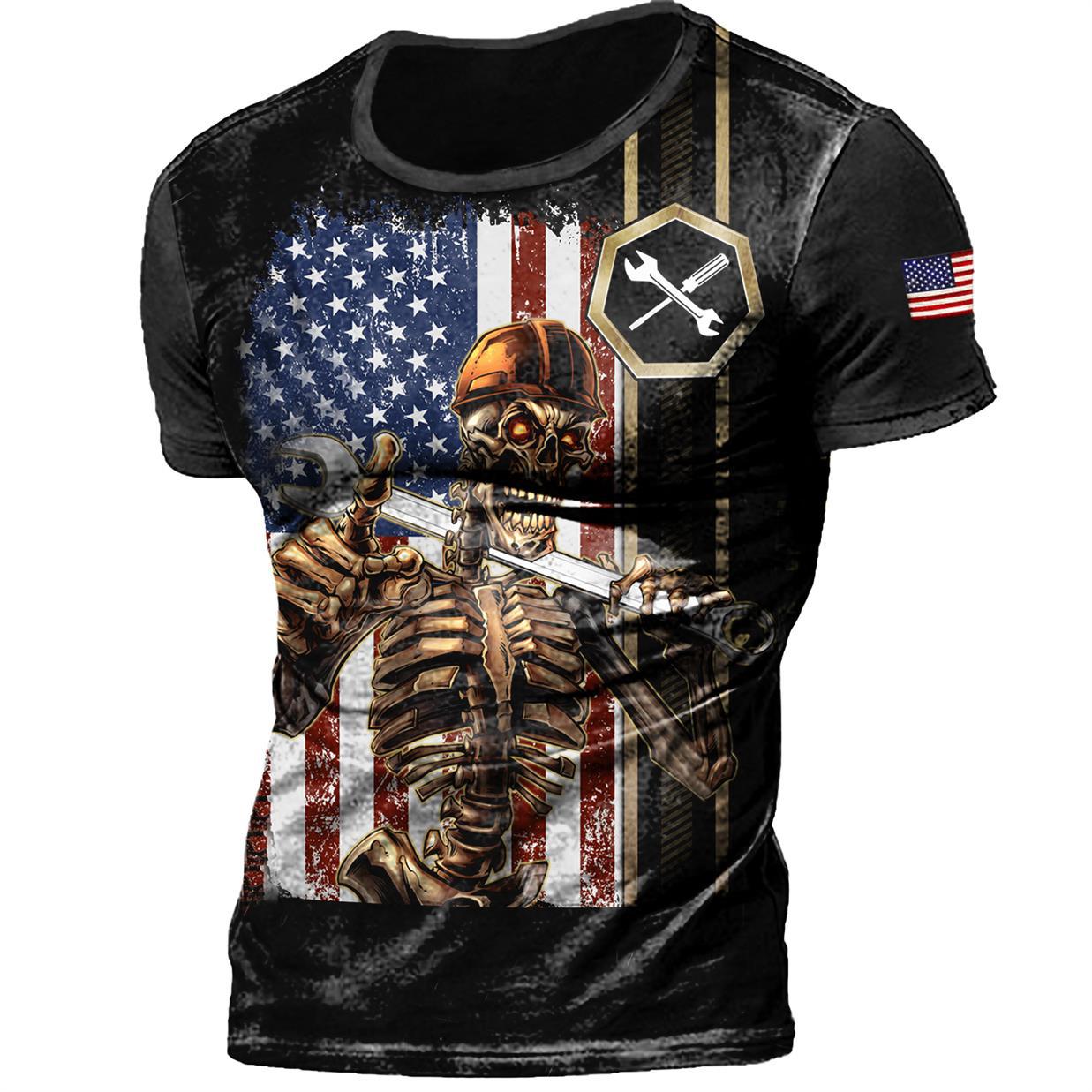 Men's American Flag Mechanic Chic Skull T-shirt