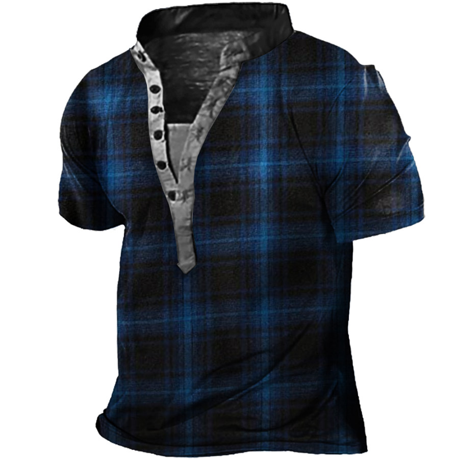 

Men's Vintage Plaid Print Henley Collar T-Shirt
