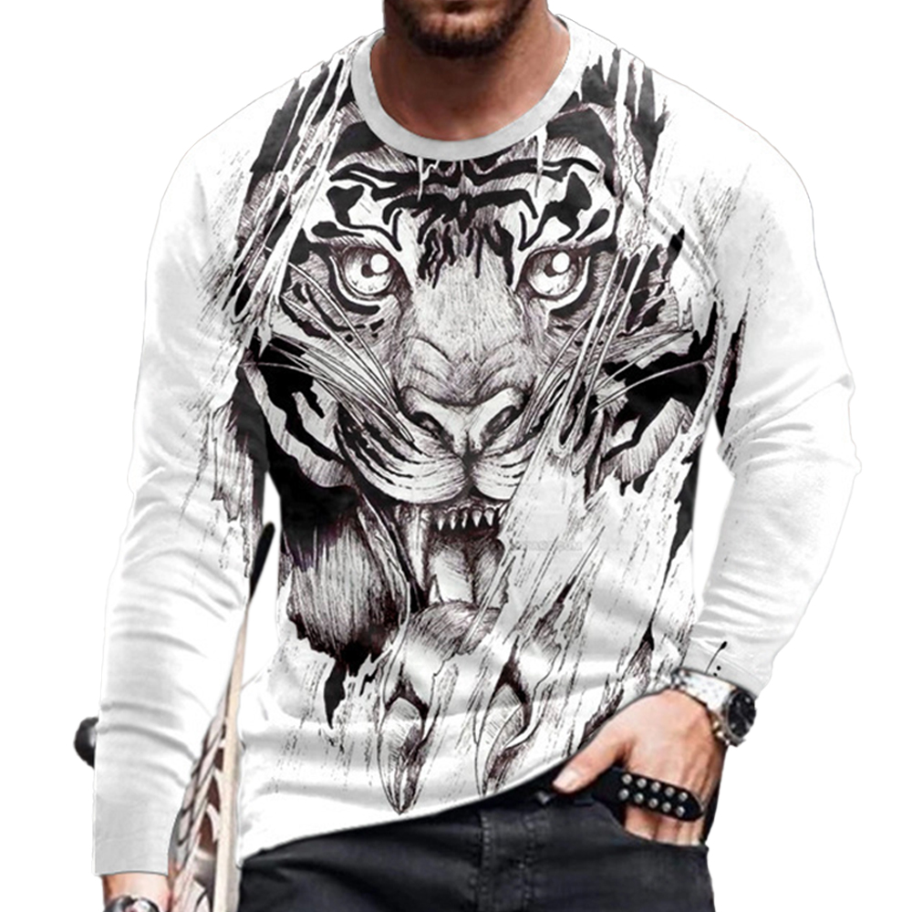 Men's Lion Print Round Neck Chic Long Sleeve T-shirt