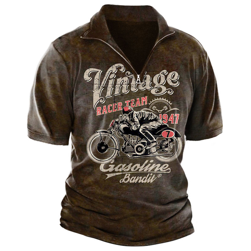 Men's Vintage Motorcycle Print Chic Quarter Zip T-shirt