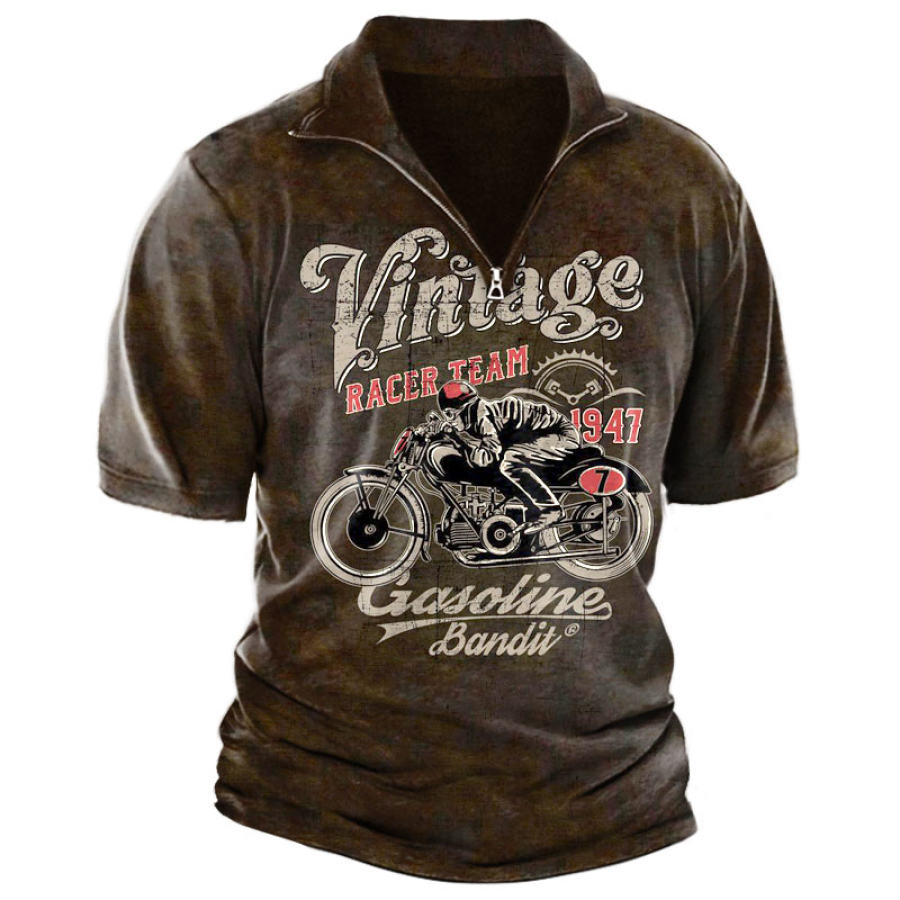 

Men's Vintage Motorcycle Print Quarter Zip T-Shirt