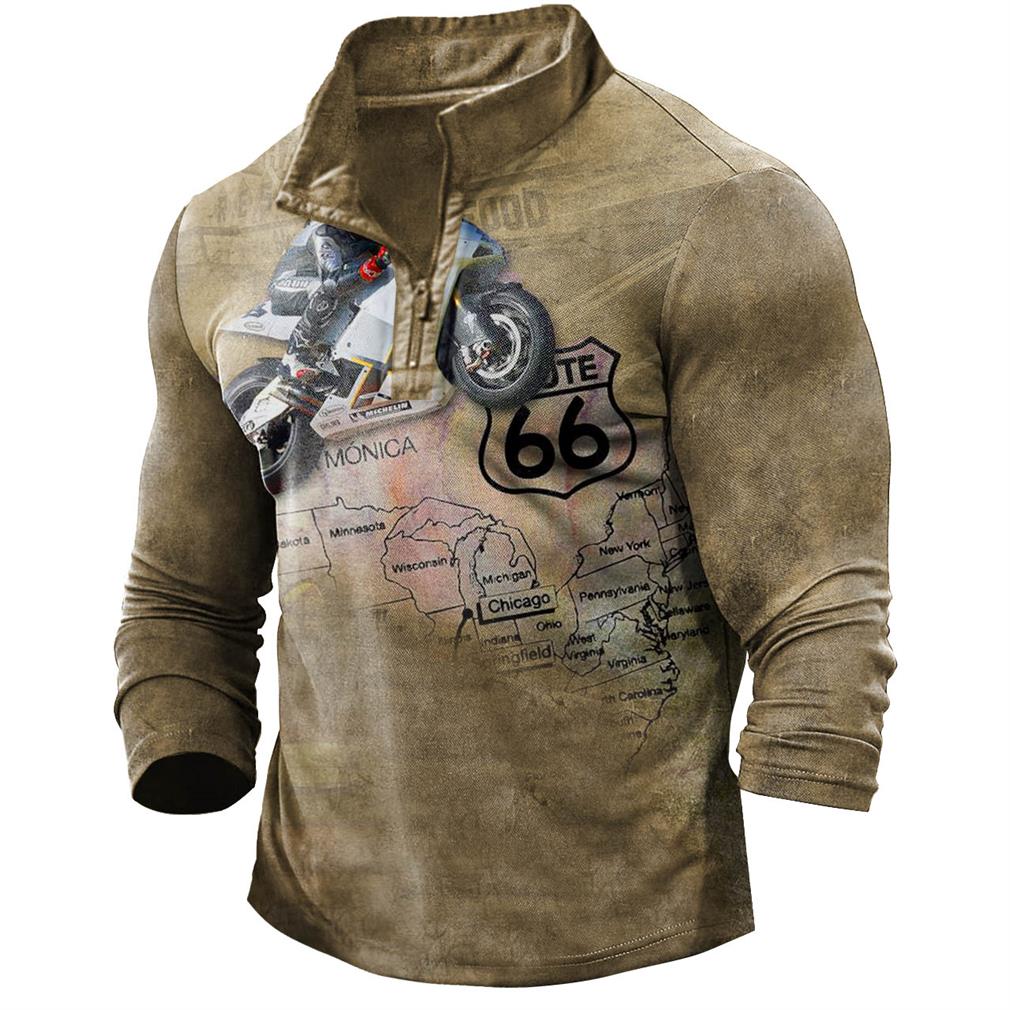 Men's Vintage Route 66 Chic Motorcycle Zipper Stand Collar T-shirt