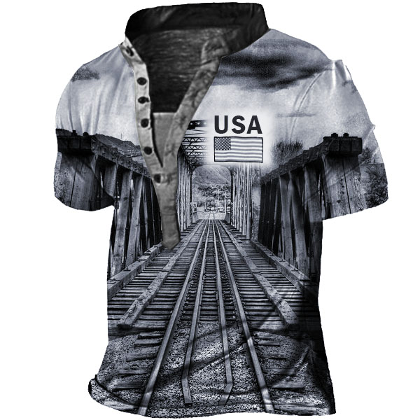 Men's Vintage Railroad American Chic Flag Henley Shirt