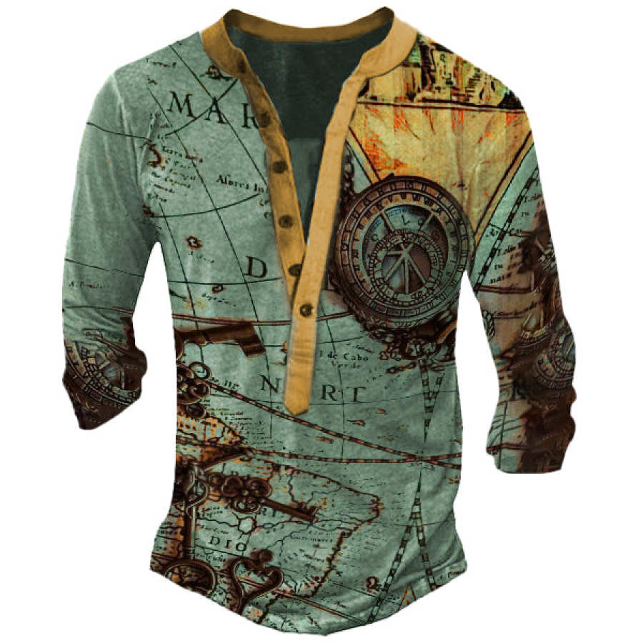 

Men's Vintage Nautical Print Henley Long Sleeve T-Shirt