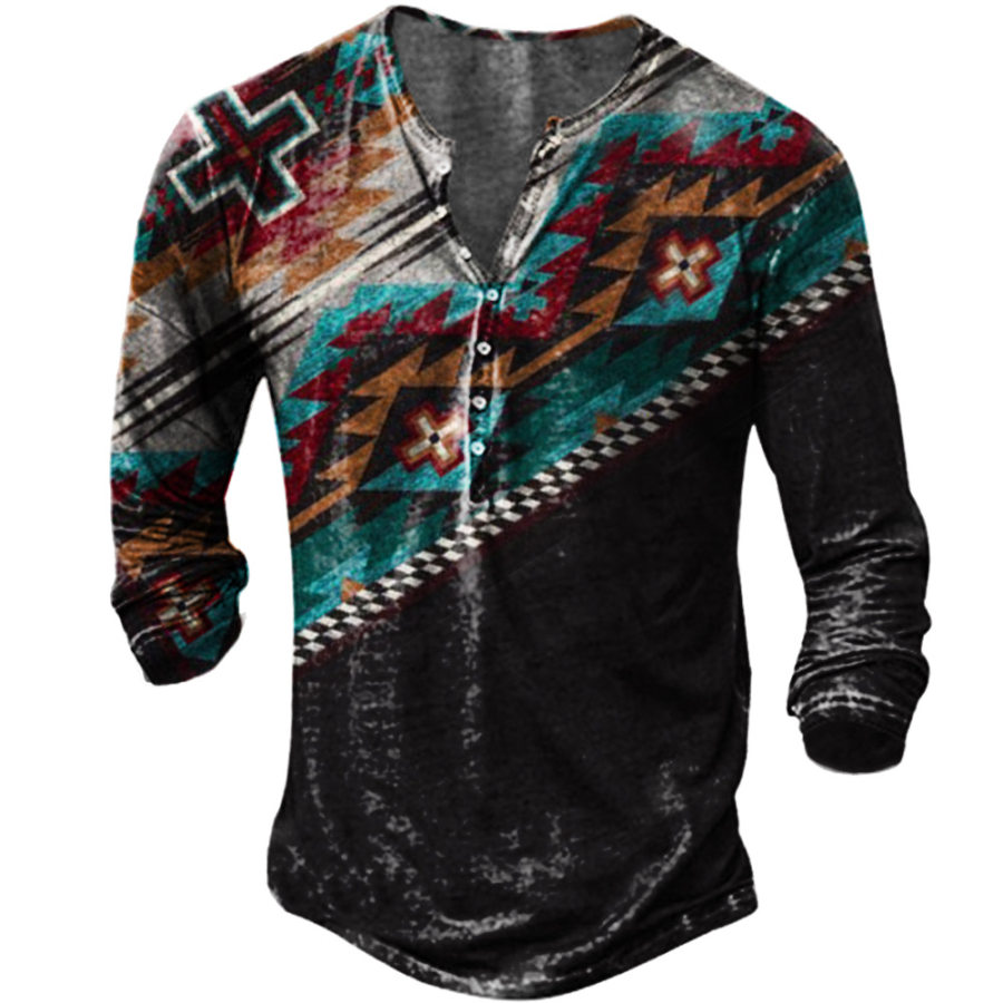 

Men's Vintage Ethnic Print Henley Collar Long Sleeve T-Shirt