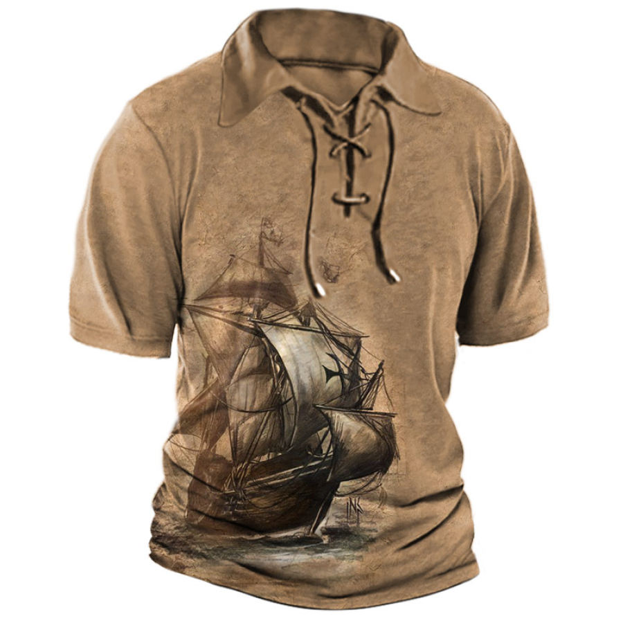 

Men's Outdoor Vintage Nautical Boat Print Lace-Up T-Shirt