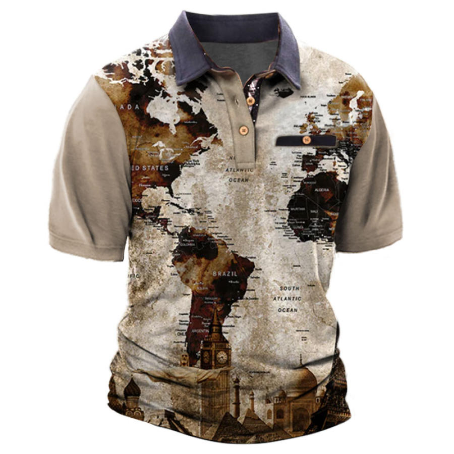

Men's Outdoor Vintage Map Colorblock Polo Collar T-Shirt