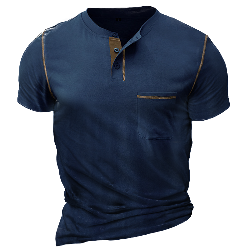 Men's Vintage Colorblock Pocket Chic Henley Collar T-shirt