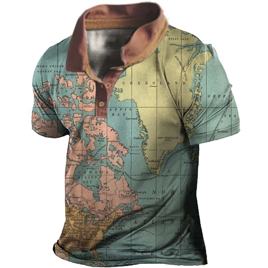 

Men's Vintage World Map Print Polo Neck T-Shirt
