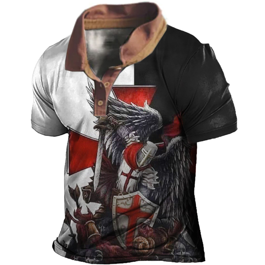 

Men's Vintage Temple Cross Print Polo Neck T-Shirt