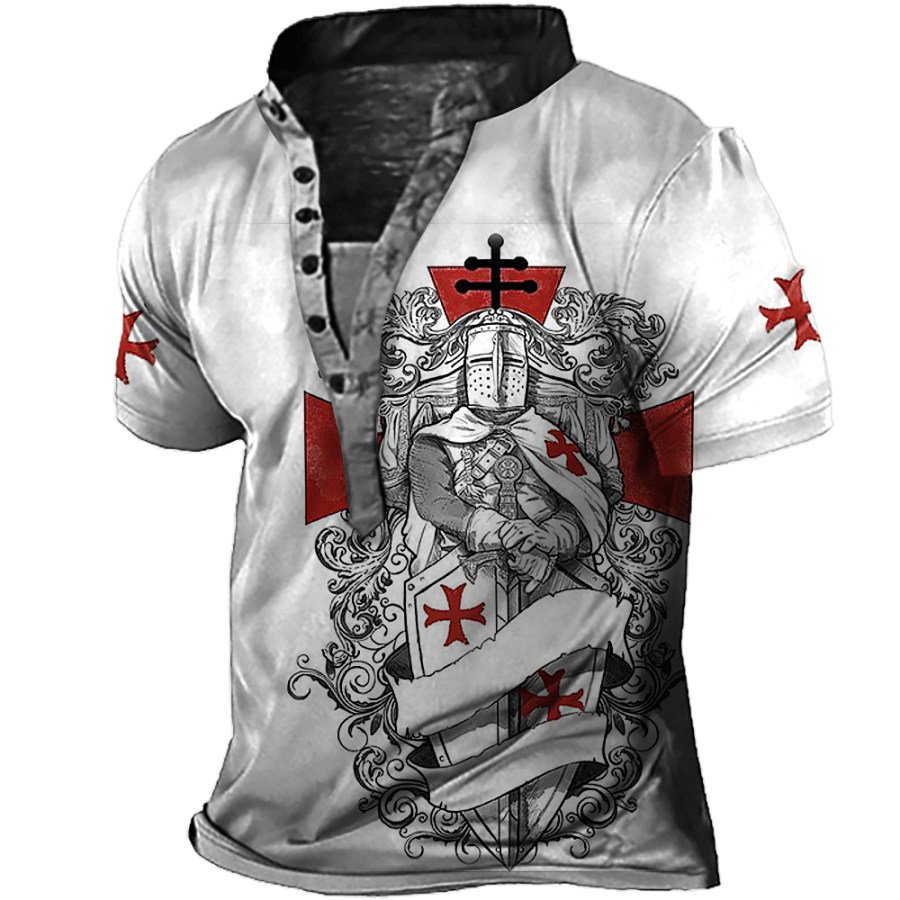 

Men's Vintage Templar Cross Print Henley Collar T-Shirt
