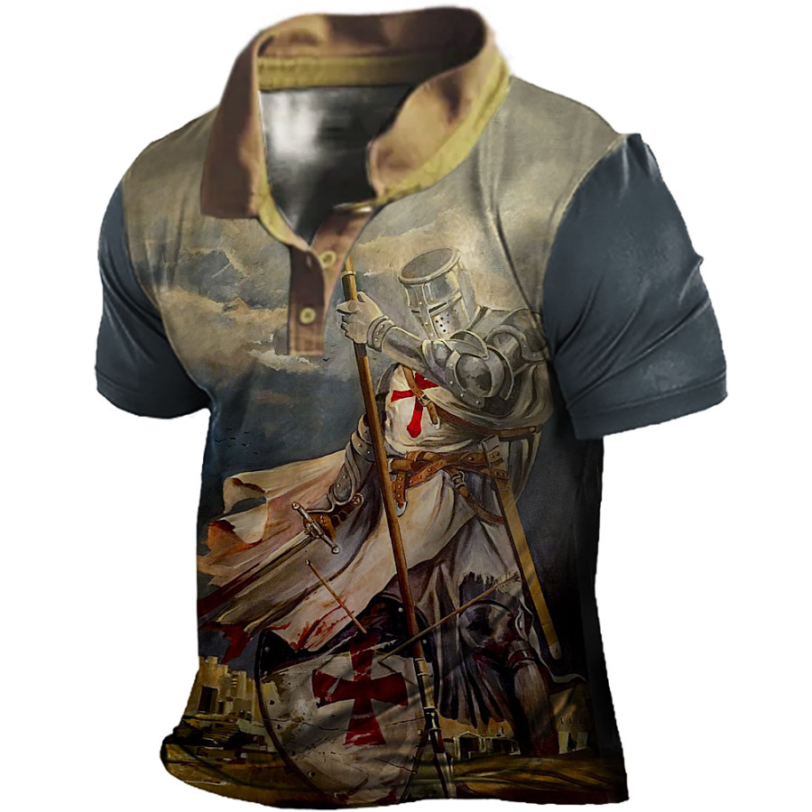 

Men's Vintage Temple Cross Print Polo Neck T-Shirt