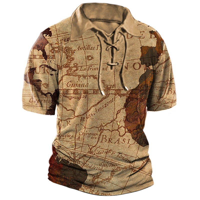 Men's Vintage Outdoor Map Chic Lace-up T-shirt