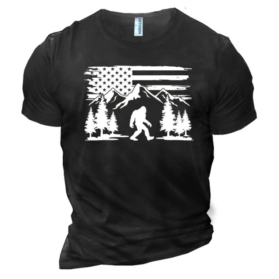 

Men's Bigfoot Mountain Distressed American Flag Camping Crew Neck Text Letters Casual T-Shirt