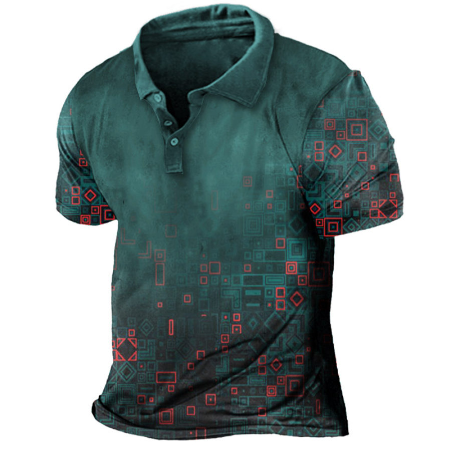 

Men's Retro Technical Print Polo Collar Casual T-Shirt