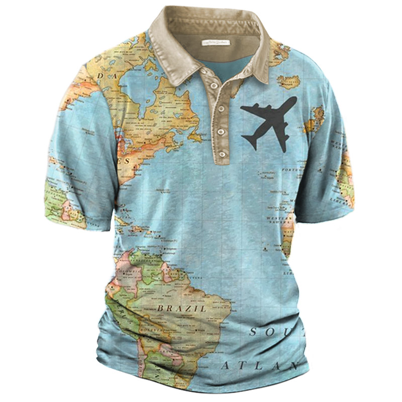 Men's Outdoor Map Print Chic Polo Neck T-shirt