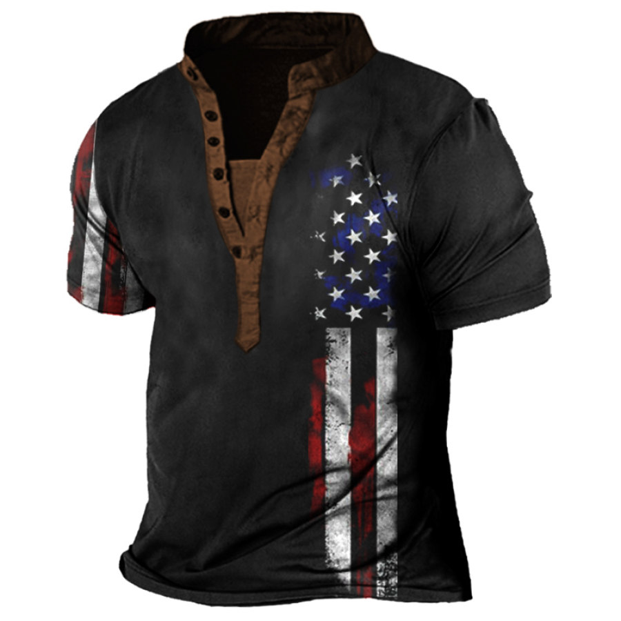 

Men's Vintage American Flag Print Henry T-Shirt