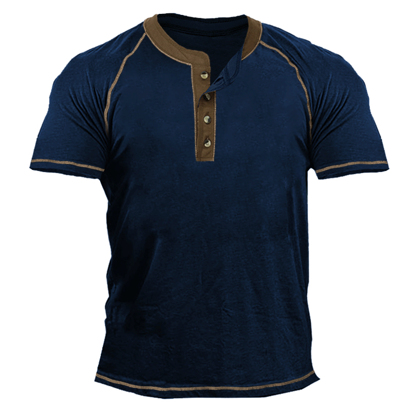 Men's Vintage Colorblock Henley Collar Chic T-shirt